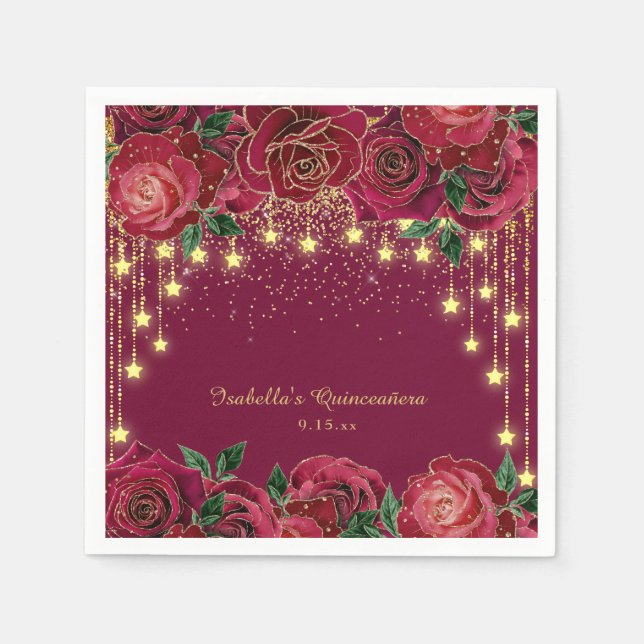 Servilleta De Papel Red Rose Gold String Light Stars Quinceañera (Anverso)