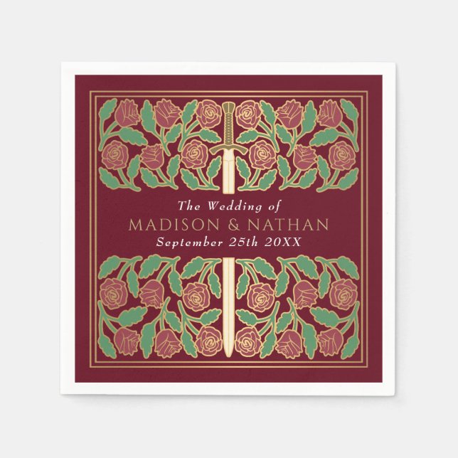 Servilleta De Papel Red Royal Medieval Gold Floral Sword Wedding (Anverso)