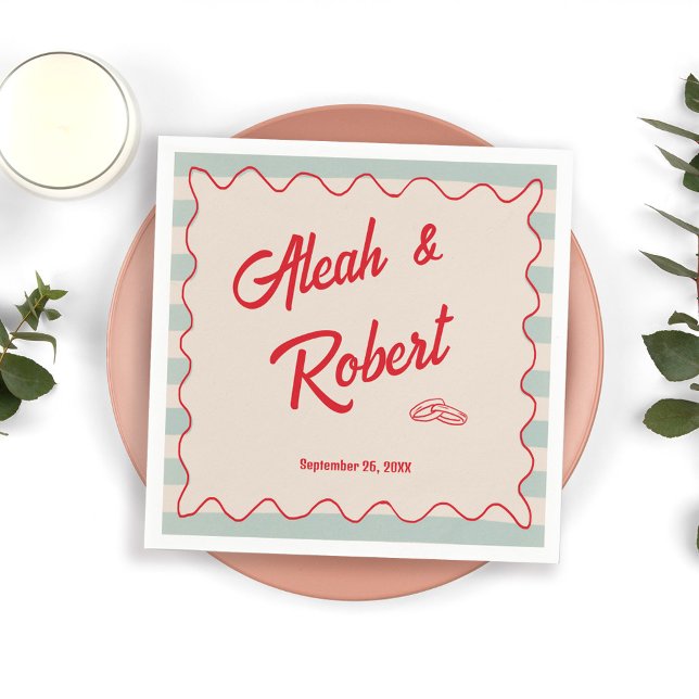 Servilleta De Papel Red Script Blue Stripes Retro Wedding (Subido por el creador)