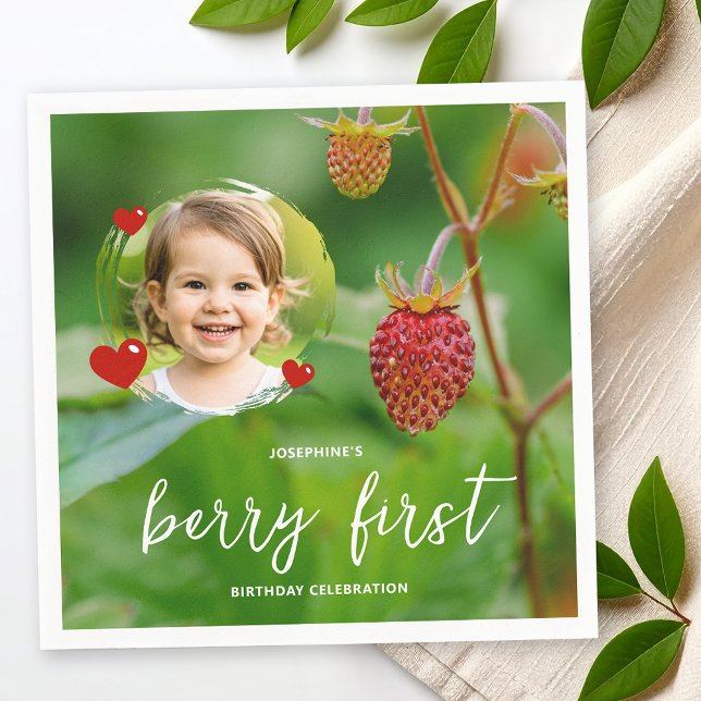 Servilleta De Papel Red Strawberry & Kid's Photo Berry First Birthday (Subido por el creador)