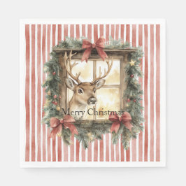 Servilleta De Papel Red Stripes Bows Christmas Deer in Window