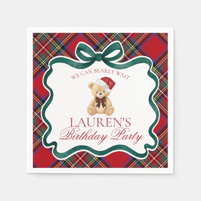 Servilleta De Papel Red Tartan Plaid Christmas Bear Birthday Party (Anverso)