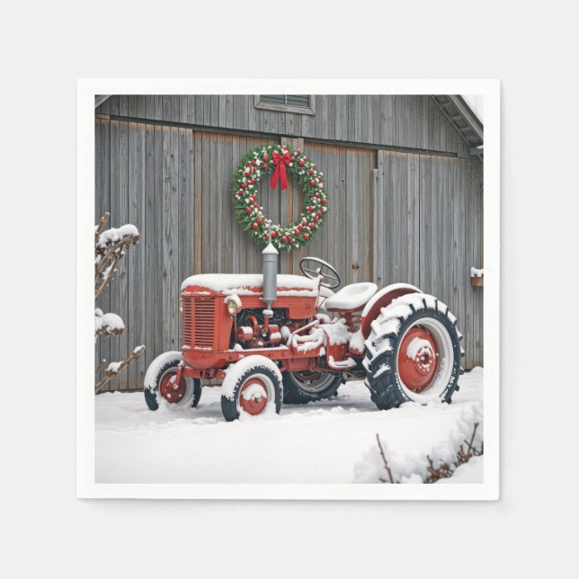 Servilleta De Papel Red Tractor With Christmas Wreath (Anverso)