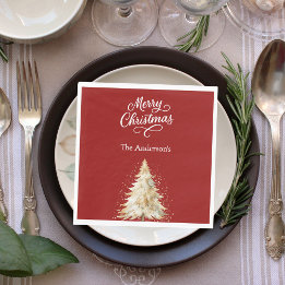 Servilleta De Papel Red white tree snow script Christmas luncheon
