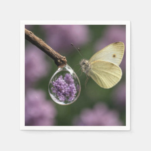 Servilleta De Papel Reflejo de mariposa y flor de lila en gota de lluv