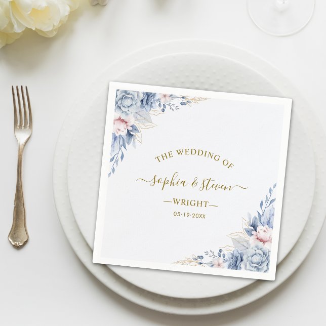 Servilleta De Papel Regal Blue & White Wedding Invitation with Gold  (Subido por el creador)