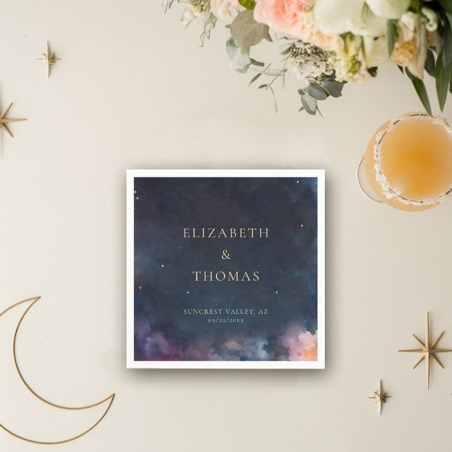 Servilleta De Papel Regalo celeste Medianoche Blue Sky Stars Watercolo (celestial personalized napkin watercolor starry night sky galaxy universe cosmic navy blue gold mood)