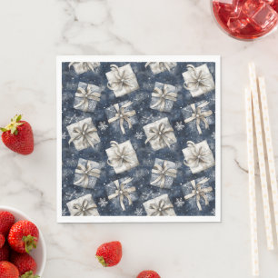 Servilleta De Papel Regalos Azules Lazos Copos de Nieve Plateados Navi
