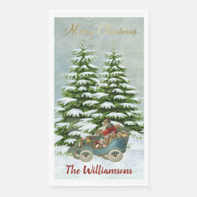 Servilleta De Papel Regalos de Santa en su coche Nieve Árboles de la V (Anverso)