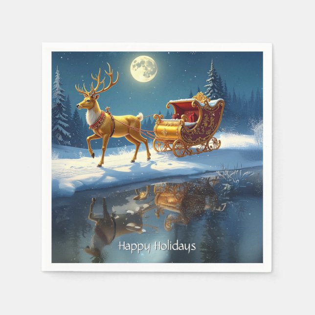 Servilleta De Papel Reindeer Christmas Sleigh Holiday Napkin (Anverso)