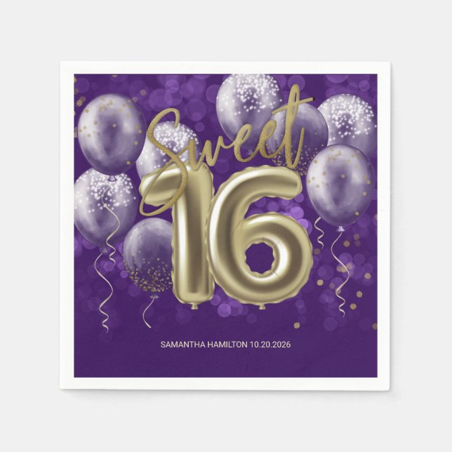 Servilleta De Papel Relieve metalizado dorado dulce 16 globos de cumpl (Anverso)