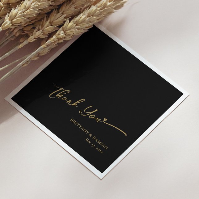 Servilleta De Papel Relieve metalizado dorado Gracias - Boda negro per (Gold Foil Thank You - Personalized Black Wedding Napkins)