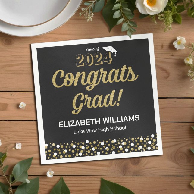 Servilleta De Papel Relieve metalizado dorado Script Confetti Congrats (Subido por el creador)