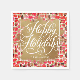Servilleta De Papel Relieve metalizado Faux Gold Felices Fiestas Berry
