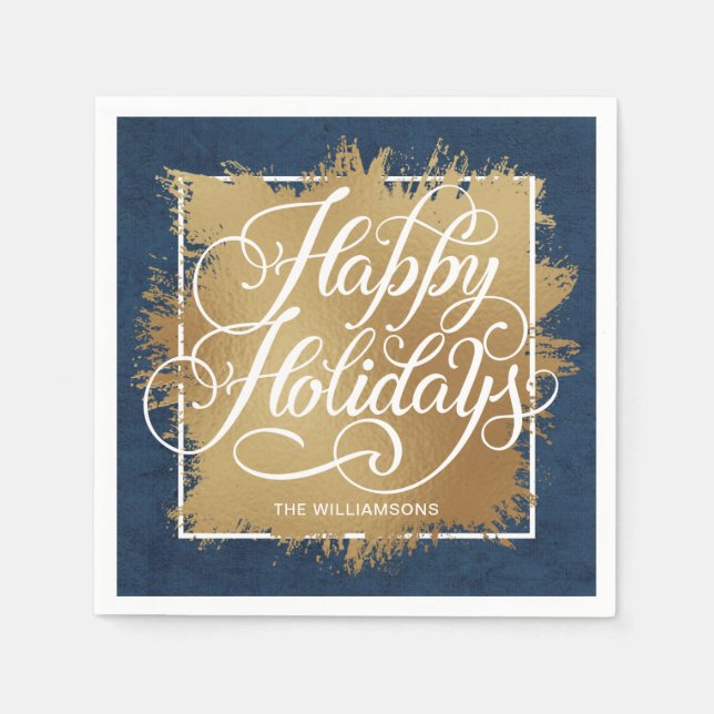 Servilleta De Papel Relieve metalizado Faux Gold Felices Fiestas Denim (Anverso)