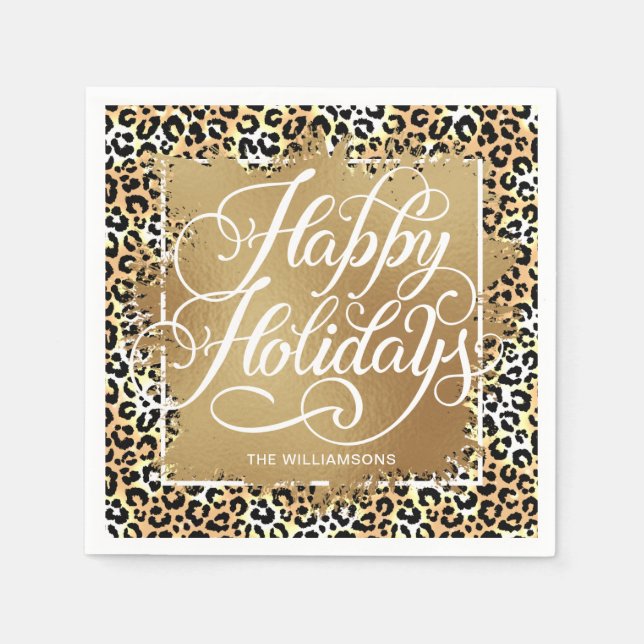 Servilleta De Papel Relieve metalizado Faux Gold Felices Fiestas Leopa (Anverso)