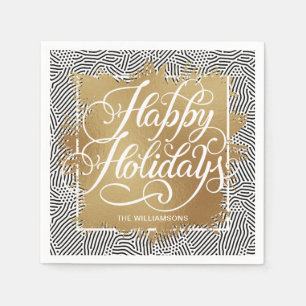 Servilleta De Papel Relieve metalizado Faux Gold Felices Fiestas Negro