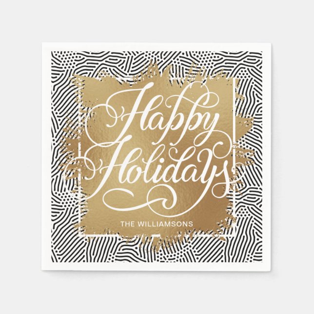 Servilleta De Papel Relieve metalizado Faux Gold Felices Fiestas Negro (Anverso)