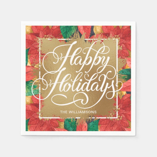 Servilleta De Papel Relieve metalizado Faux Gold Felices Fiestas Poins (Anverso)