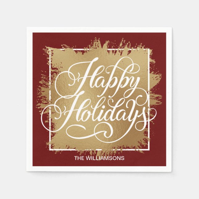 Servilleta De Papel Relieve metalizado Faux Gold Felices Fiestas Rojas (Anverso)