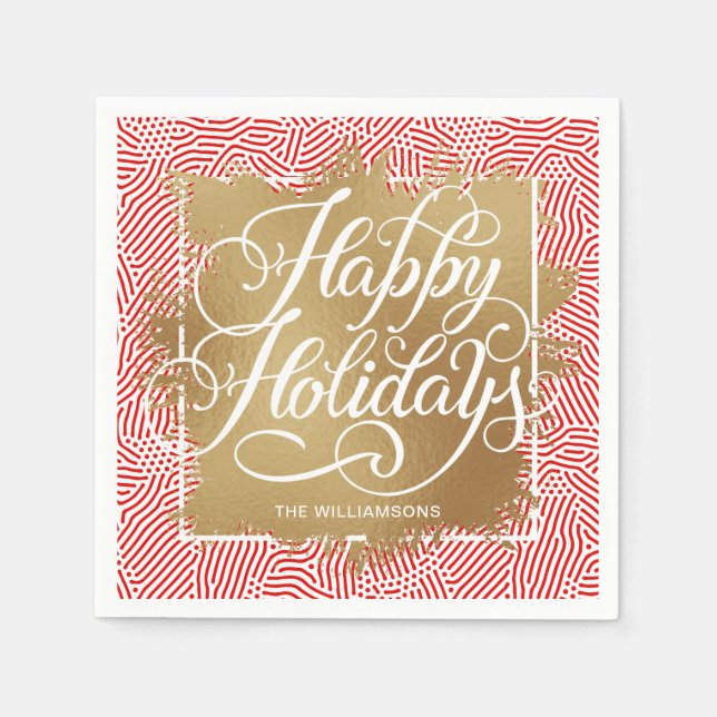 Servilleta De Papel Relieve metalizado Faux Gold Felices Fiestas Rojo  (Anverso)