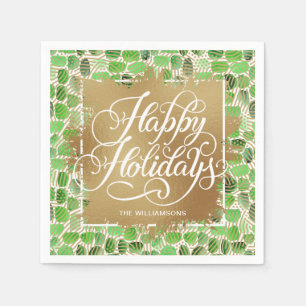 Servilleta De Papel Relieve metalizado Faux Gold Felices Fiestas Verde