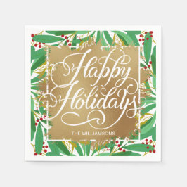 Servilleta De Papel Relieve metalizado Faux Gold Felices Fiestas Verdo