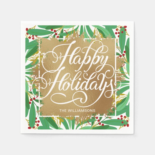 Servilleta De Papel Relieve metalizado Faux Gold Felices Fiestas Verdo (Anverso)