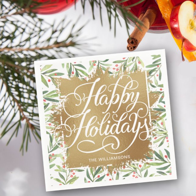 Servilleta De Papel Relieve metalizado Faux Gold Felices Fiestas Verdo (Personalized Happy Holidays on gold faux foil with branch and berries border napkins)