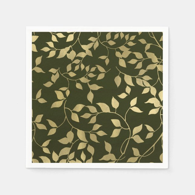 Servilleta De Papel Relieve metalizado Faux Verde y Oro Boda de hojas  (Anverso)