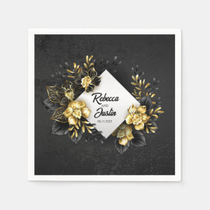 Servilleta De Papel Relieve metalizado Oro Orquídeas Negras Boho moder