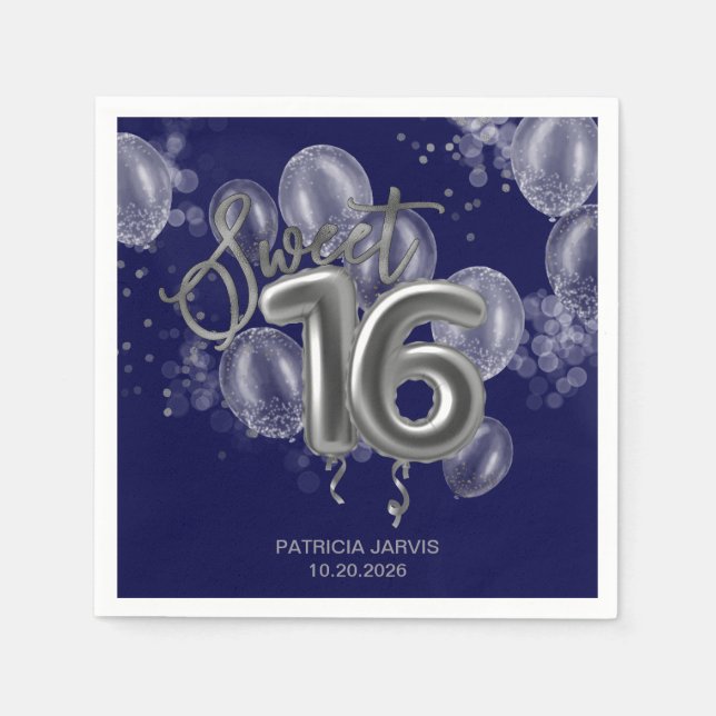 Servilleta De Papel Relieve metalizado plateado dulce 16 globos de cum (Anverso)