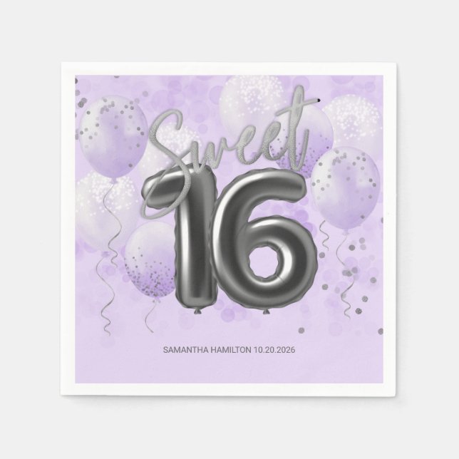 Servilleta De Papel Relieve metalizado plateado Sweet 16 Bday Balloons (Anverso)