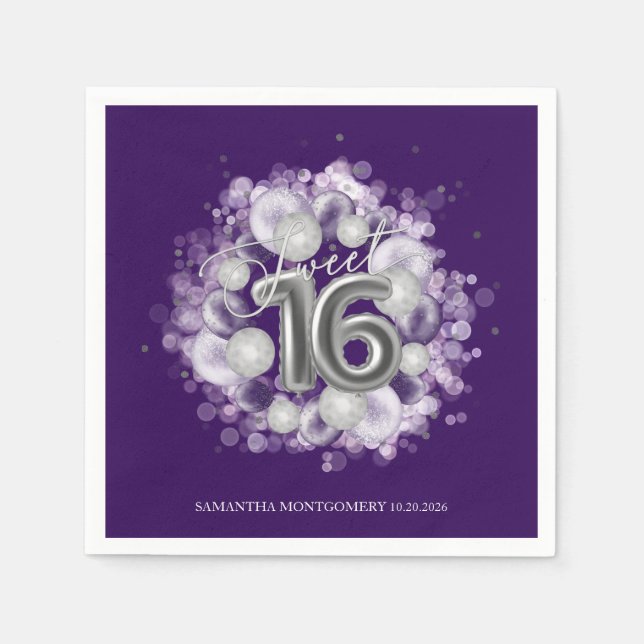 Servilleta De Papel Relieve metalizado plateado Sweet 16 Bday Balloons (Anverso)