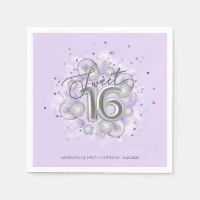 Servilleta De Papel Relieve metalizado plateado Sweet 16 Bday Balloons (Anverso)