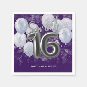Servilleta De Papel Relieve metalizado plateado Sweet 16 Bday Balloons