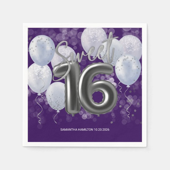 Servilleta De Papel Relieve metalizado plateado Sweet 16 Bday Balloons (Anverso)