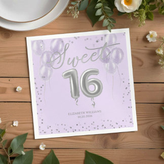 Servilleta De Papel Relieve metalizado plateado Sweet 16 Bday Balloons