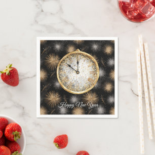 Servilleta De Papel Reloj de Año Nuevo con Fuegos Artificiales de Oro 