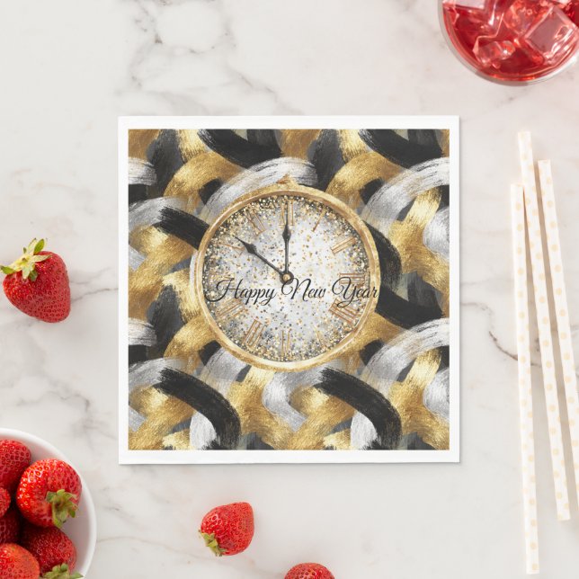 Servilleta De Papel Reloj de Año Nuevo Glitzy Gold Silver Black (In situ)