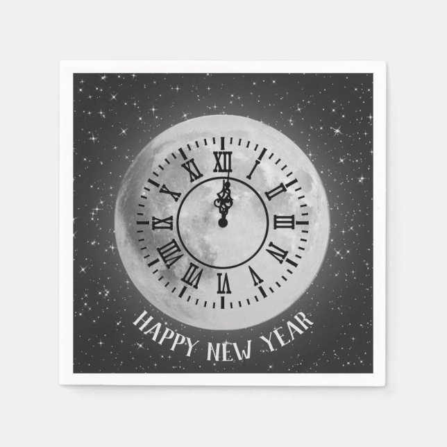 Servilleta De Papel Reloj De Medianoche De Año Nuevo En La Luna (Anverso)