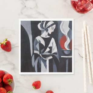 Servilleta De Papel Reloj de mujer con retrato Art Déco en blanco y ne