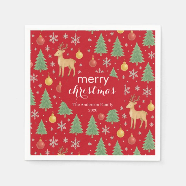 Servilleta De Papel Reno acuarela y árbol de Navidad - (Anverso)