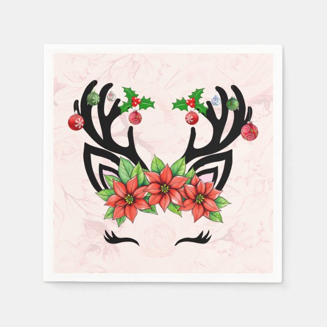 Servilleta De Papel Reno de Navidad con fondo floral (Anverso)