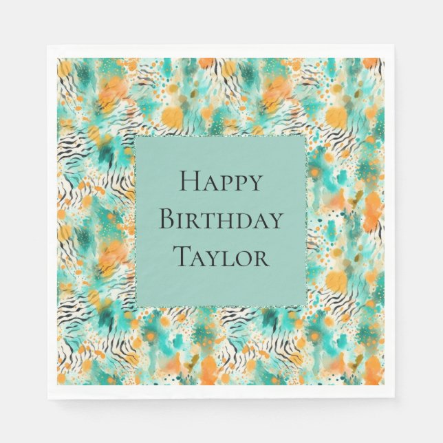 Servilleta De Papel Resumen de cebra de mandarina turquesa (Anverso)