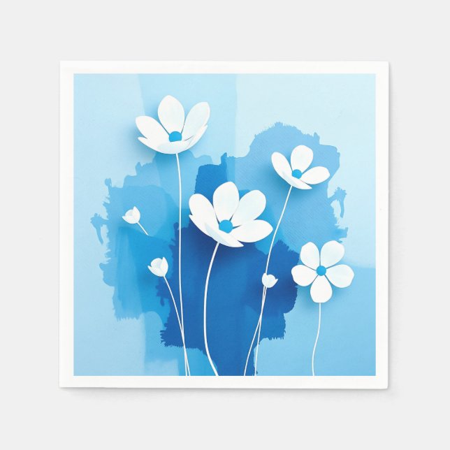 Servilleta De Papel Resumen Flores blancas fondo azul claro (Anverso)