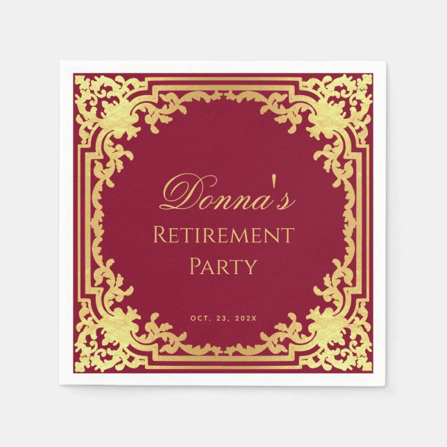 Servilleta De Papel Retirement Party Burgundy Faux Gold Elegant Script (Anverso)