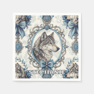 Servilleta De Papel Retrato de lobo de invierno en marco azul y gris o