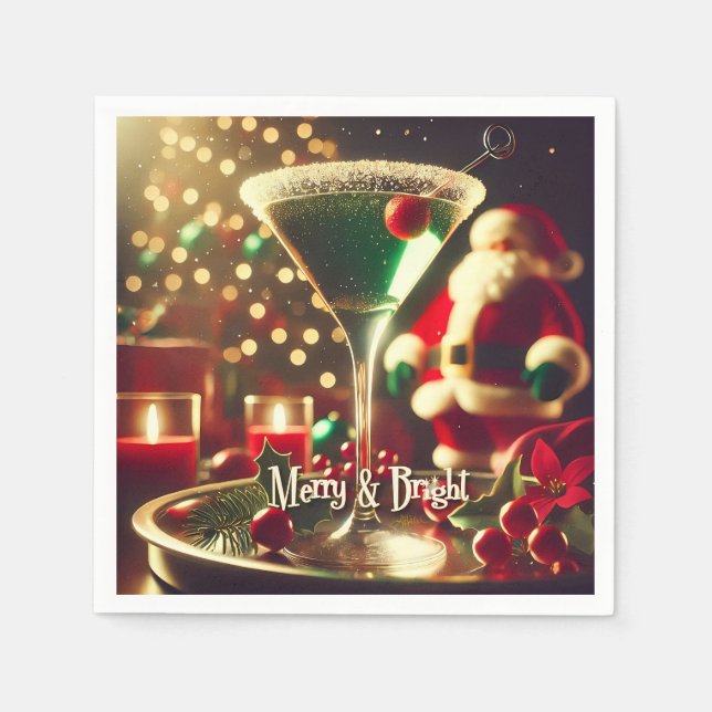 Servilleta De Papel Retro 50s Santa Christmas Green Martini (Anverso)