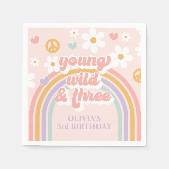 Servilleta De Papel Retro Arcoíris Joven Salvaje Cumpleaños 3 (Anverso)